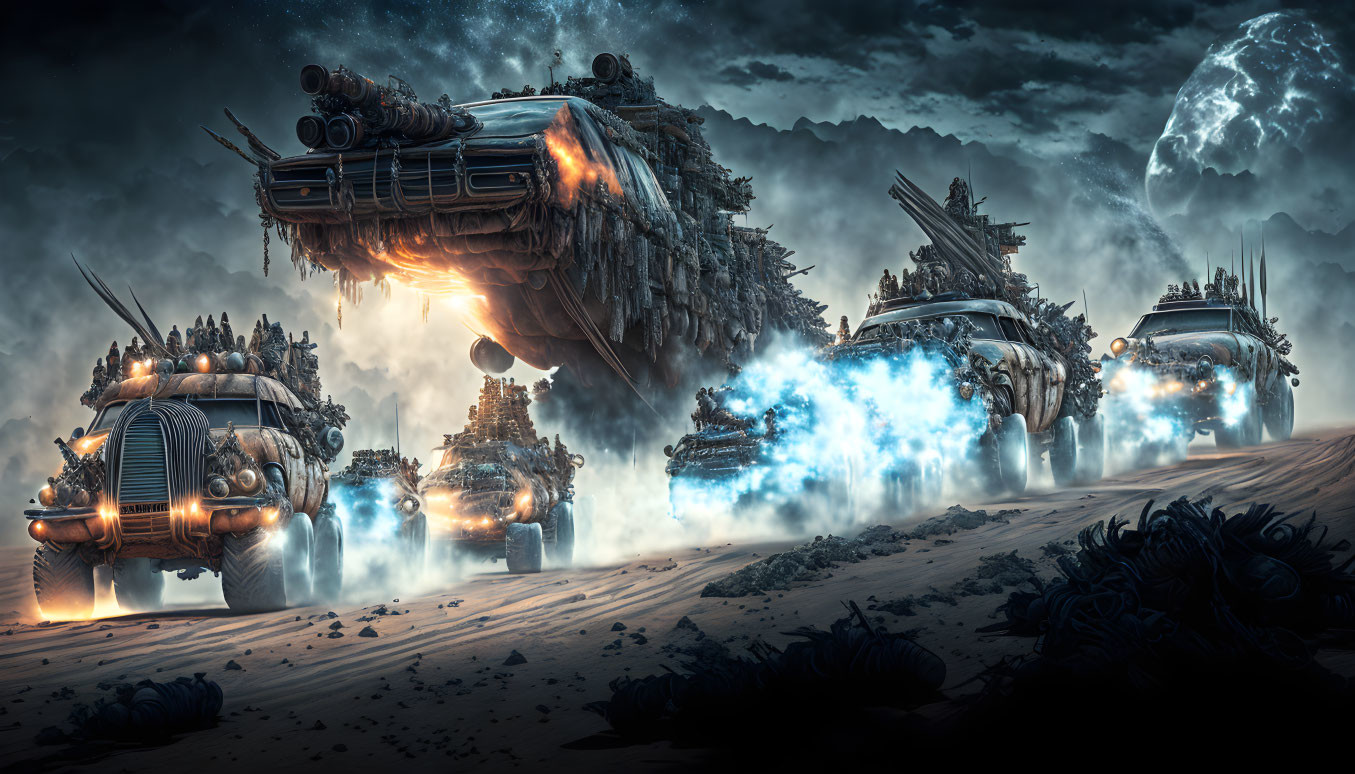 Armored vehicles with glowing thrusters in futuristic landscape