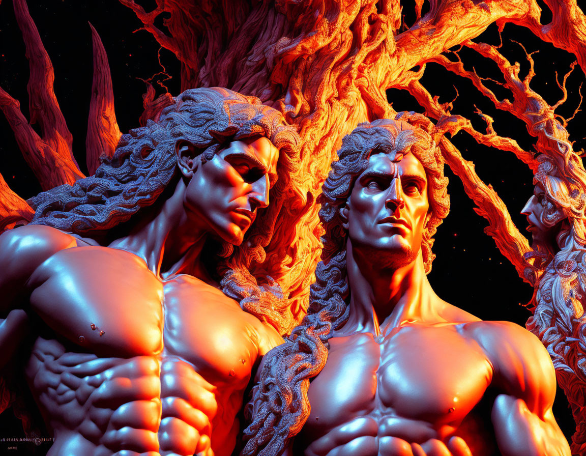 Four muscular figures under orange glow with intricate hair, surrounded by tree roots.