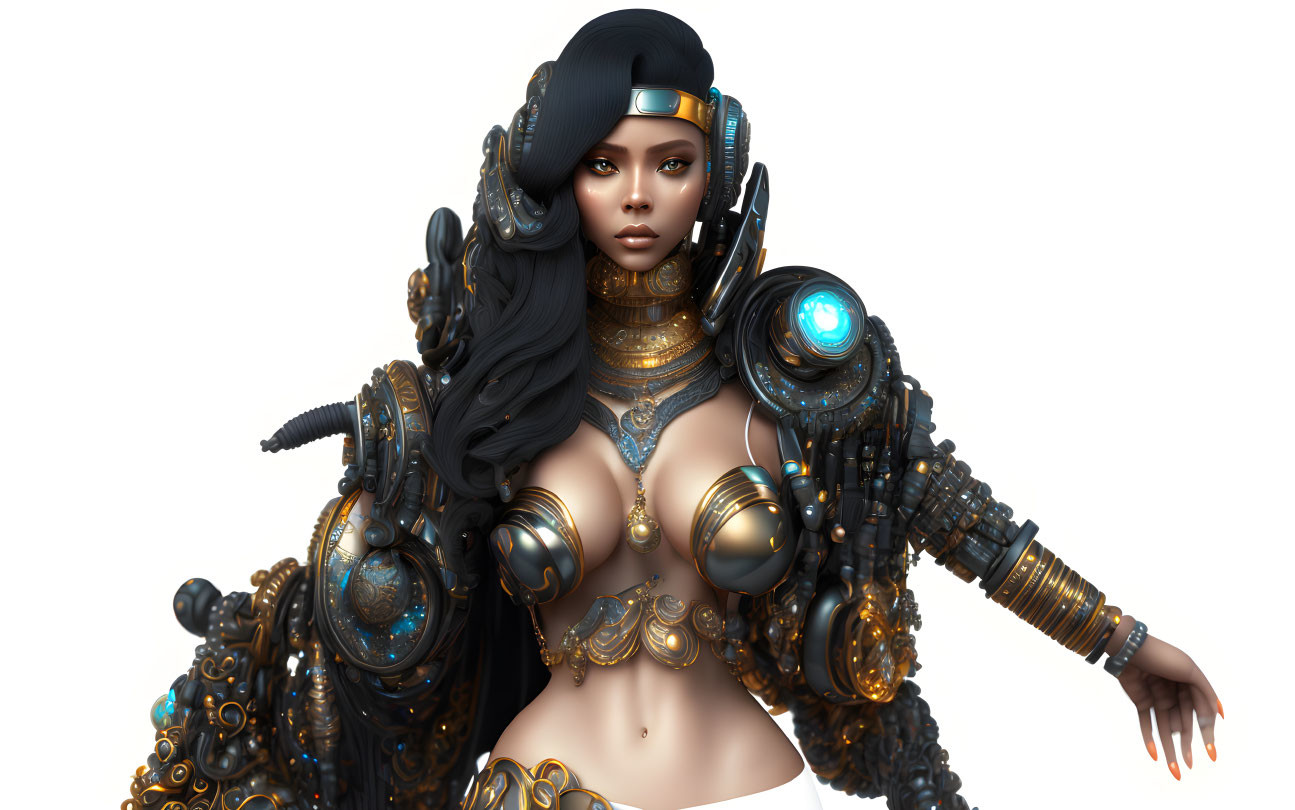 Futuristic digital artwork of a woman in ornate golden armor