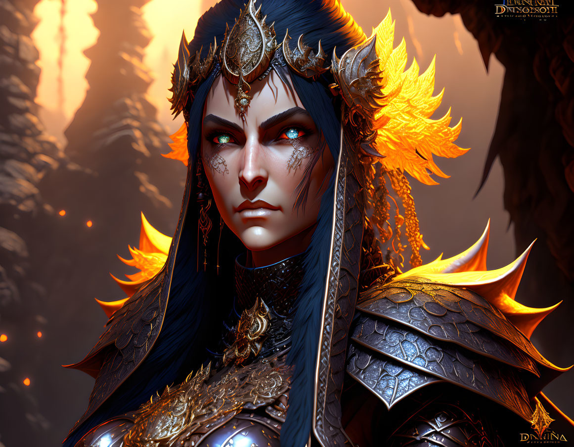 Detailed Fantasy Character with Blue Skin and Golden Fiery Armor