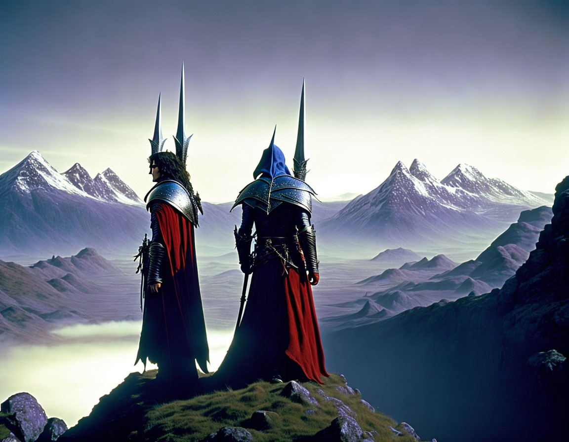 Armored figures with pointy helmets in misty mountain landscape