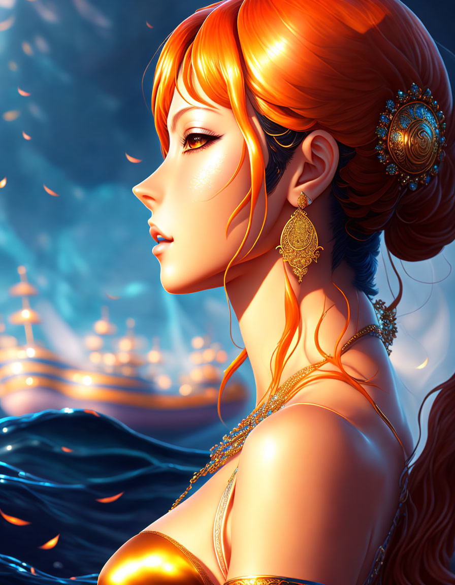 Digital artwork of woman with orange hair, gold jewelry, ocean backdrop.