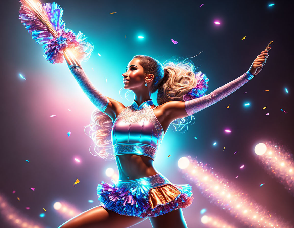 Colorful Cheerleader with Glowing Pom-Poms in Blue Costume