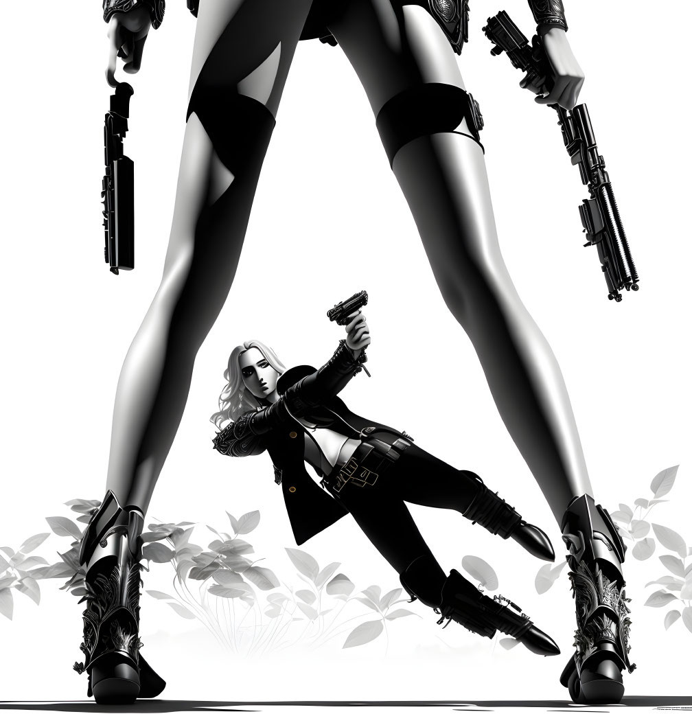 Monochrome illustration of a female figure in bodysuit and boots with guns, amidst floral background