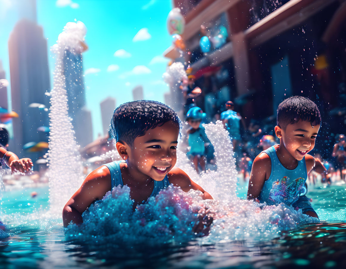 Children playing in sunlit water fountain with city backdrop