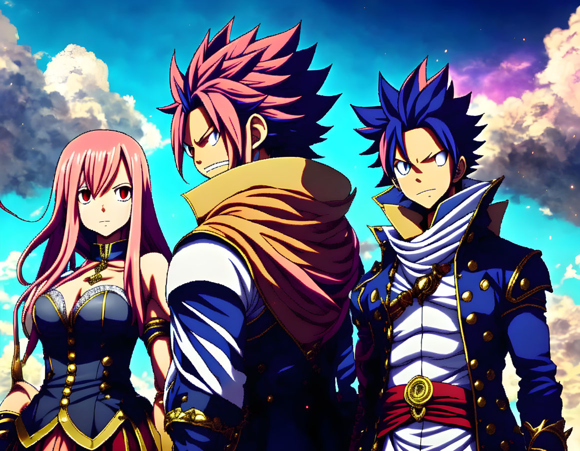 Three Anime Characters with Colorful Hair Against Dramatic Sky