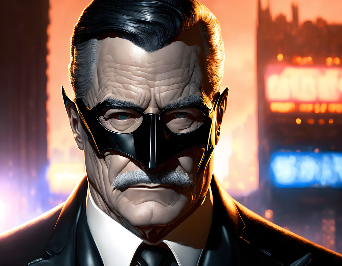 Stylized mature male character with black mask and stern expression against cityscape.