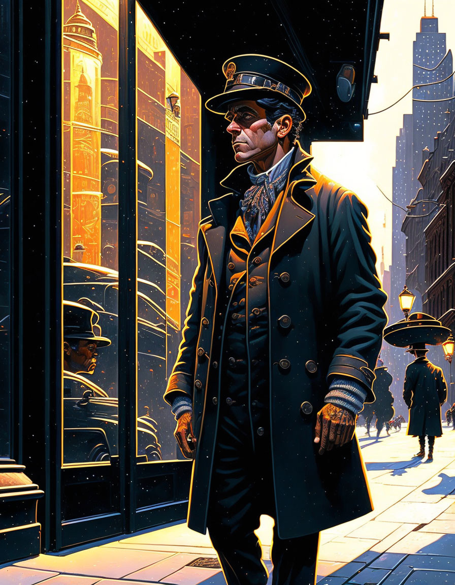 Vintage uniformed gentleman strolling city street at dusk