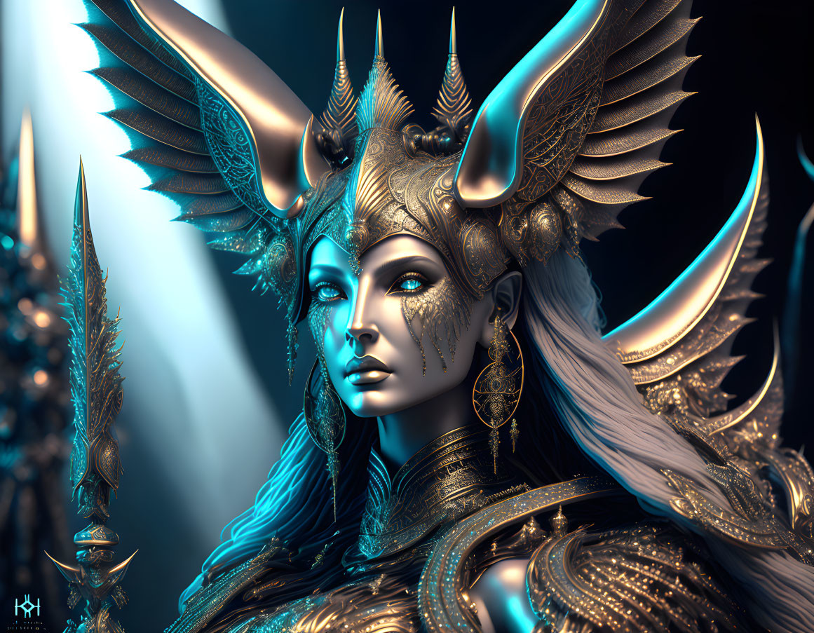 Fantasy digital artwork: Female figure with golden horns and cyan armor.