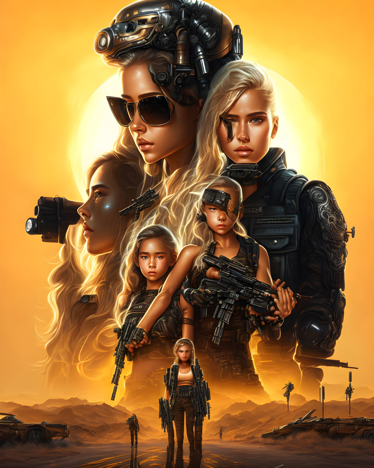 Futuristic military-themed digital artwork with five female characters in orange backdrop