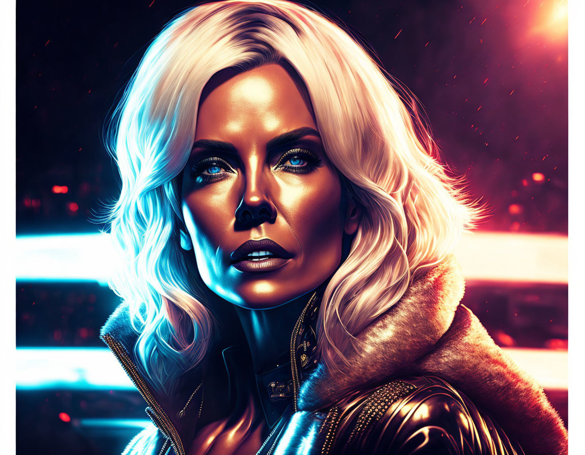 Platinum blonde woman in fur jacket against neon cityscape