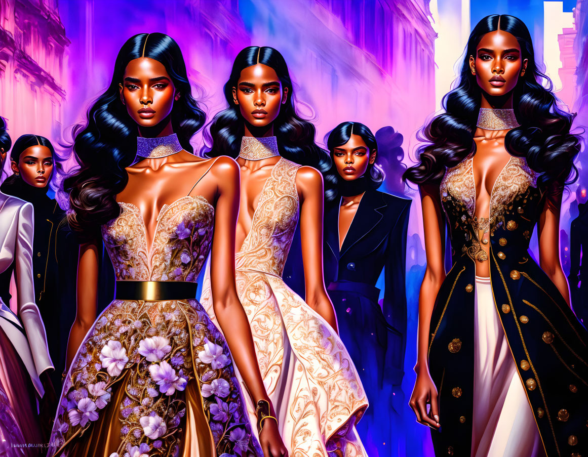 Five stylized women in elegant gowns and suits on vibrant background