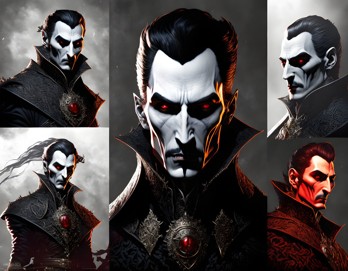 Gothic vampire character collage with pale skin and sharp fangs