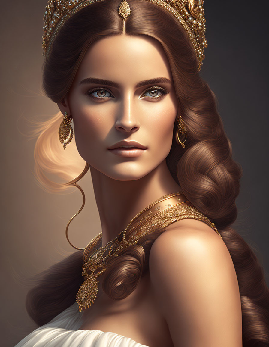 Illustrated portrait of woman with blue eyes and gold accessories