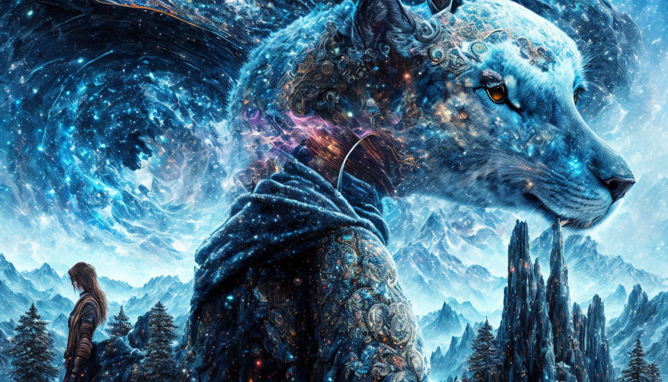 Starry-maned cosmic wolf in snowy mountain landscape with solitary figure