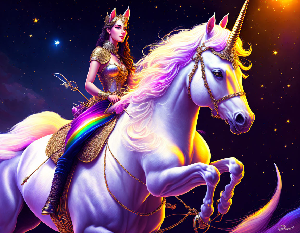 Warrior princess and unicorn in golden armor under starry sky