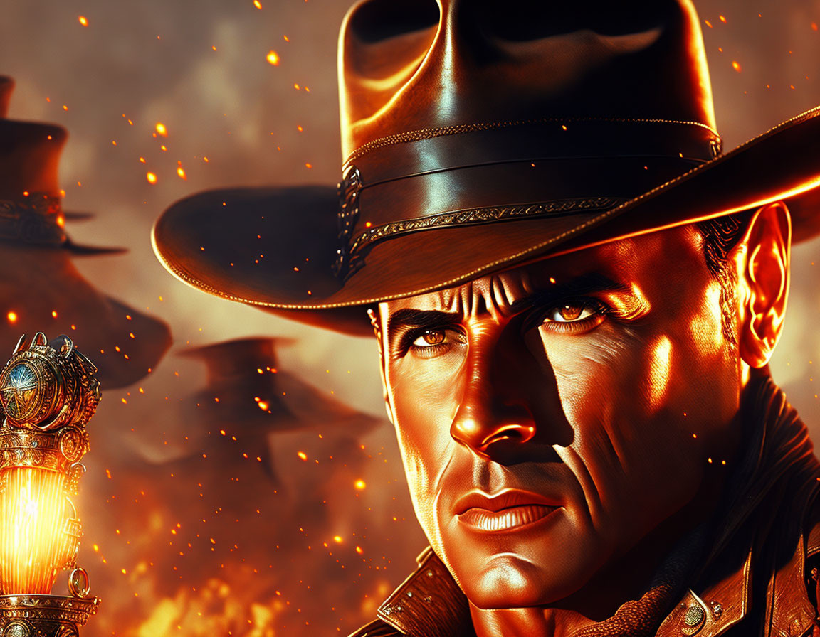 Intense cowboy hat man against fiery background