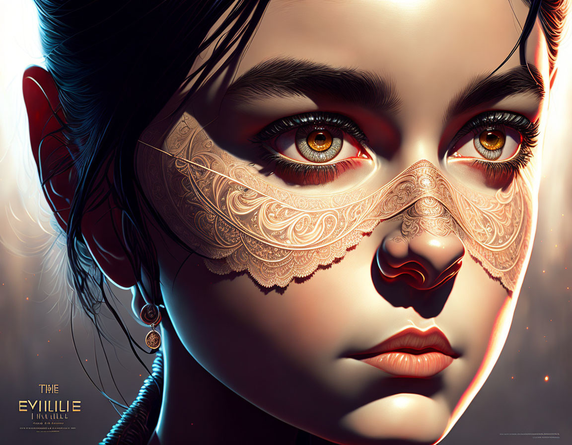 Digital portrait of girl with amber eyes and lace mask, titled "THE EVILLIVE