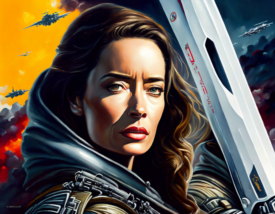 Detailed Illustration: Woman in Military Uniform with Spaceship and Fighters