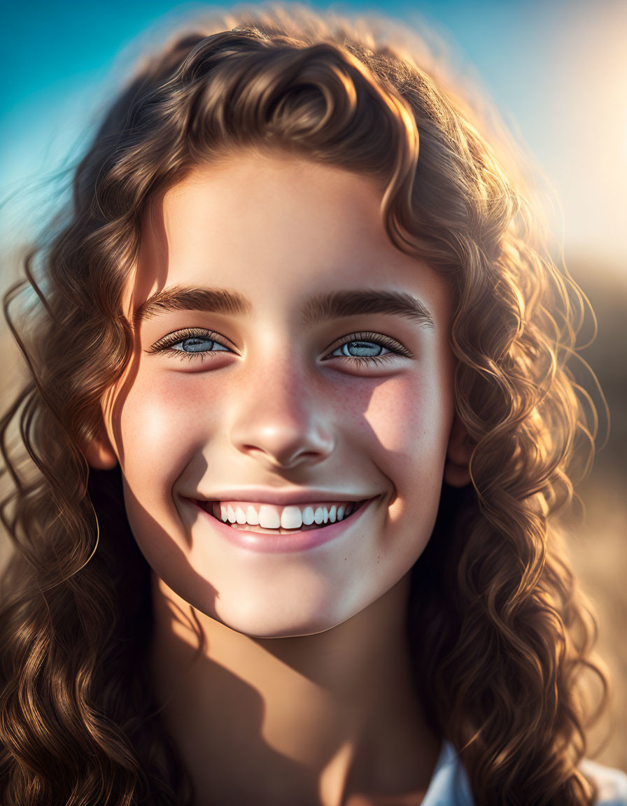 Smiling young girl with curly hair and blue eyes in warm sunlight