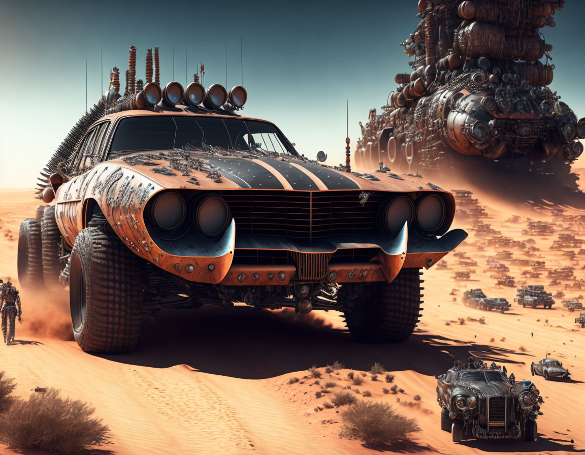 Modified retro car with beefy tires in desert with futuristic structures