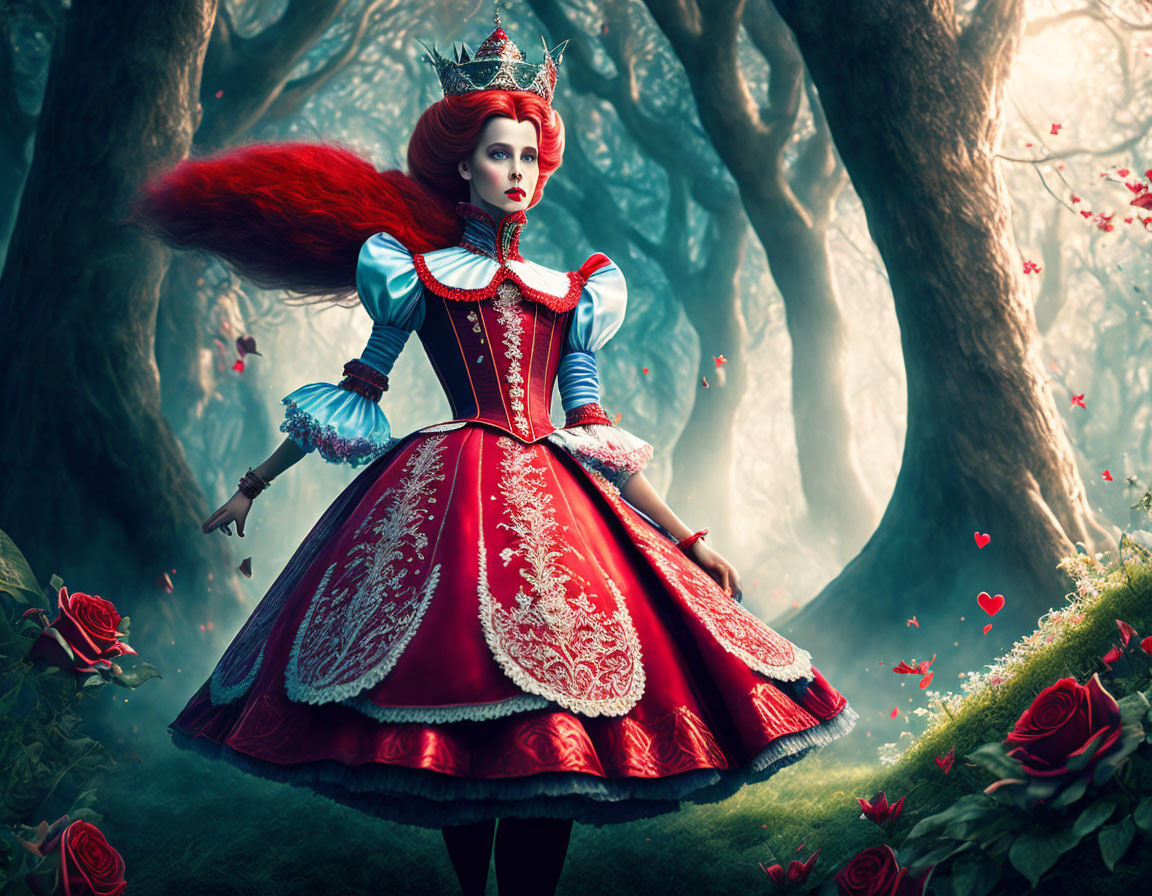 Regal figure in red and blue dress in enchanted forest with roses and hearts.