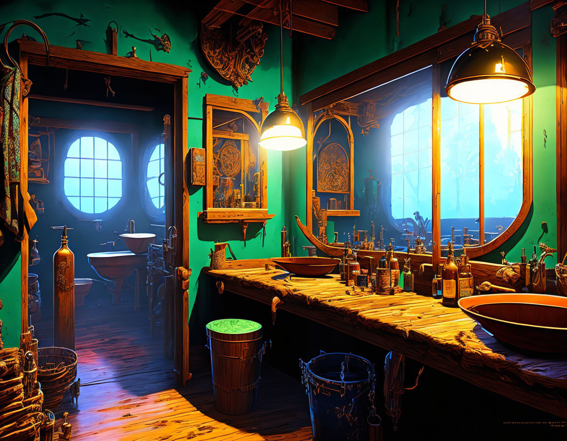 Colorful Pirate-Themed Interior with Wooden Furnishings and Maritime Decor