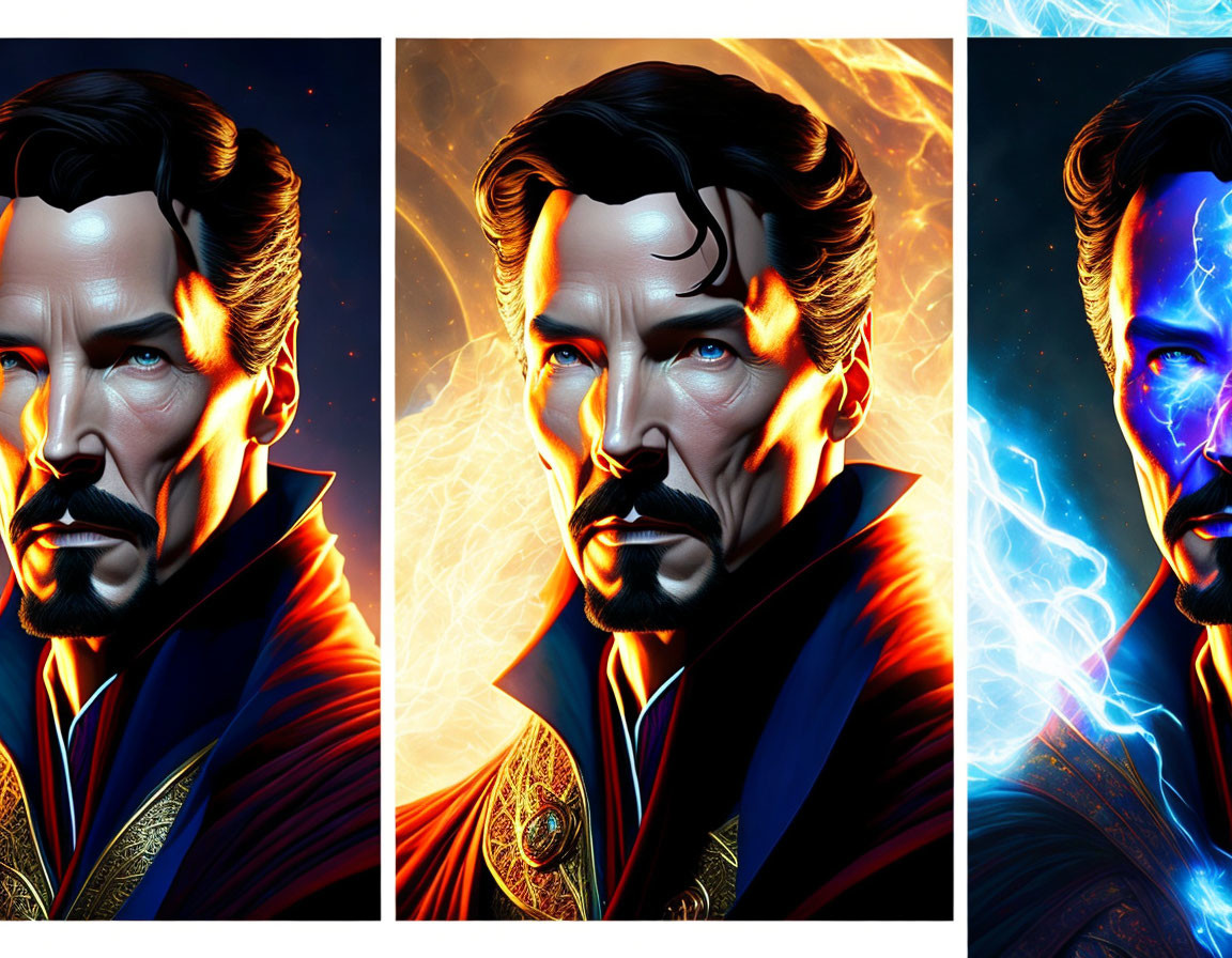 Stylized portraits of bearded man in red cape with mystical energy.