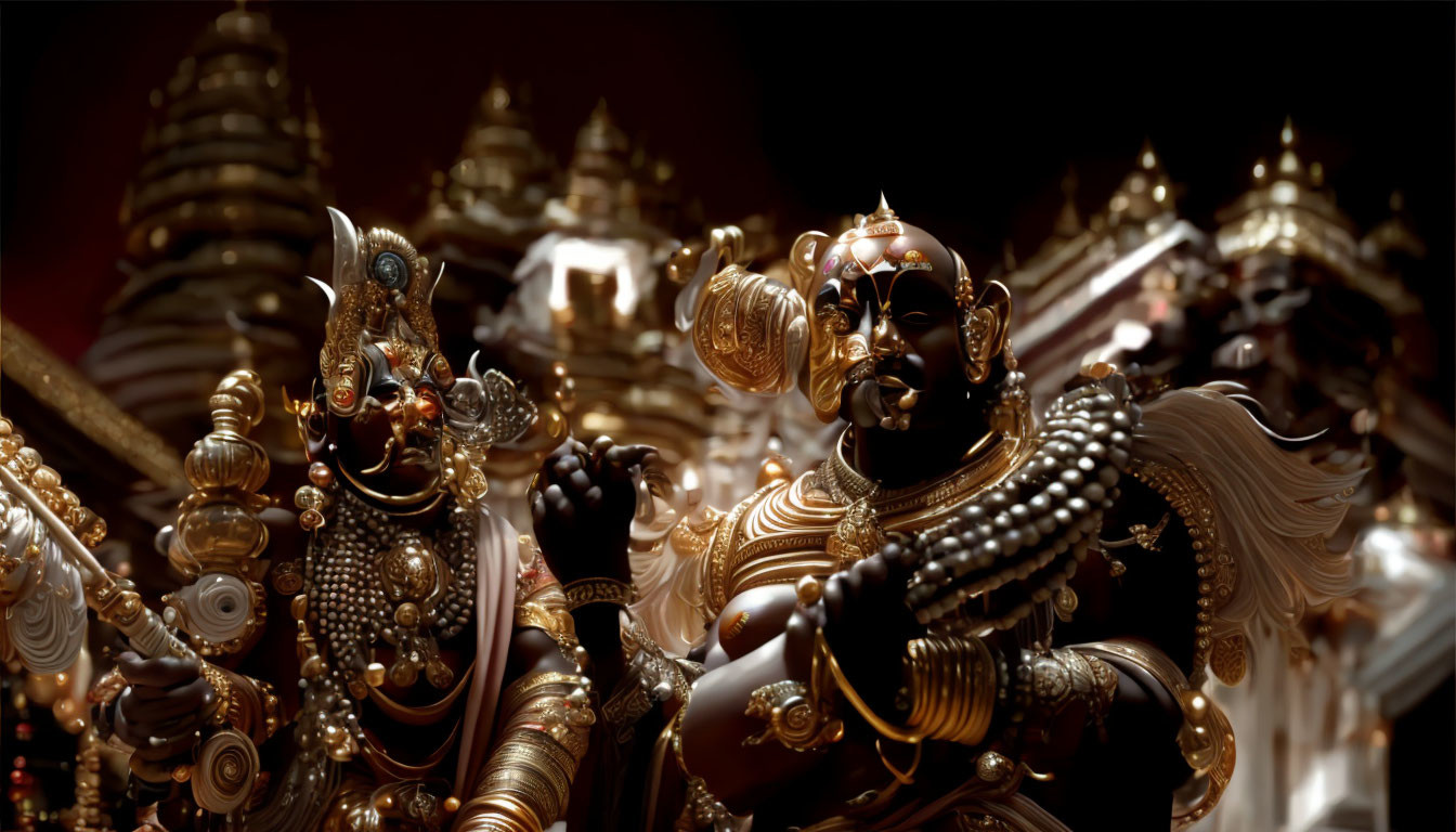 Golden Hindu Deity Sculptures with Ornate Details in Dramatic Lighting