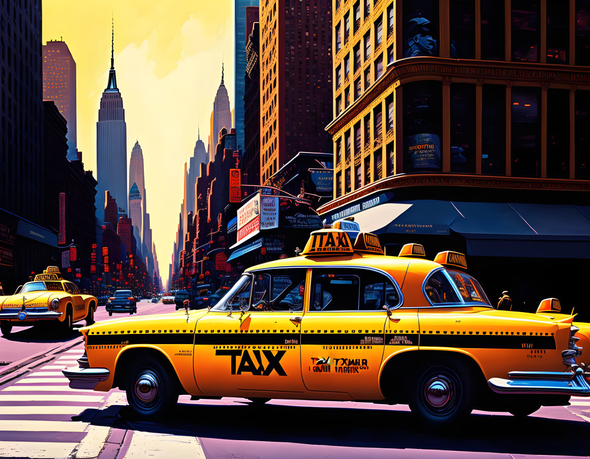 Cityscape with yellow taxis, skyscrapers, and sunlight shadows