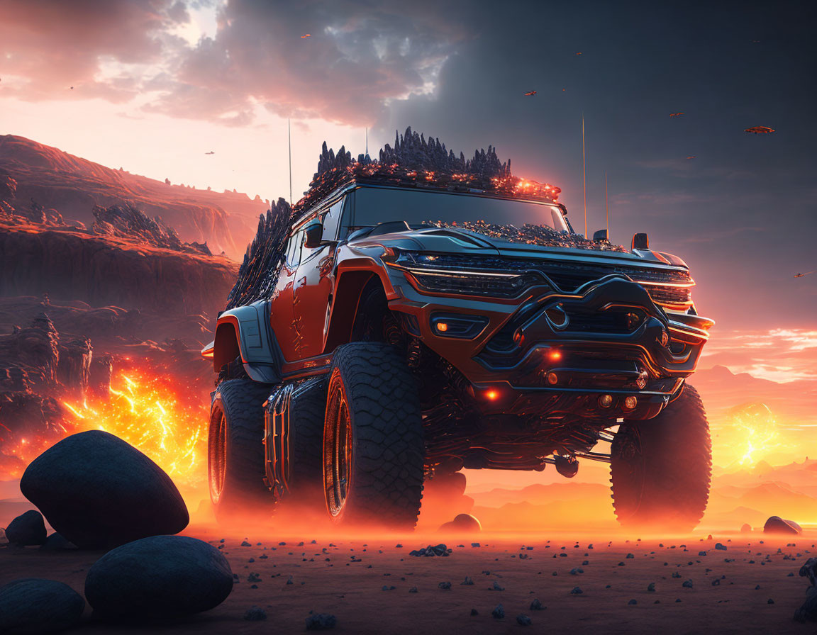 Futuristic vehicle with oversized wheels on barren landscape at dusk