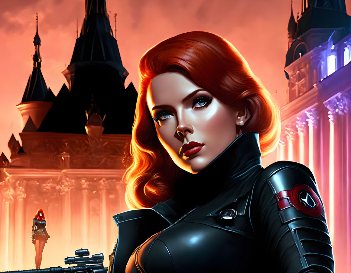 Illustration of woman with red hair in black suit and futuristic armor, against castle-like structure at dusk