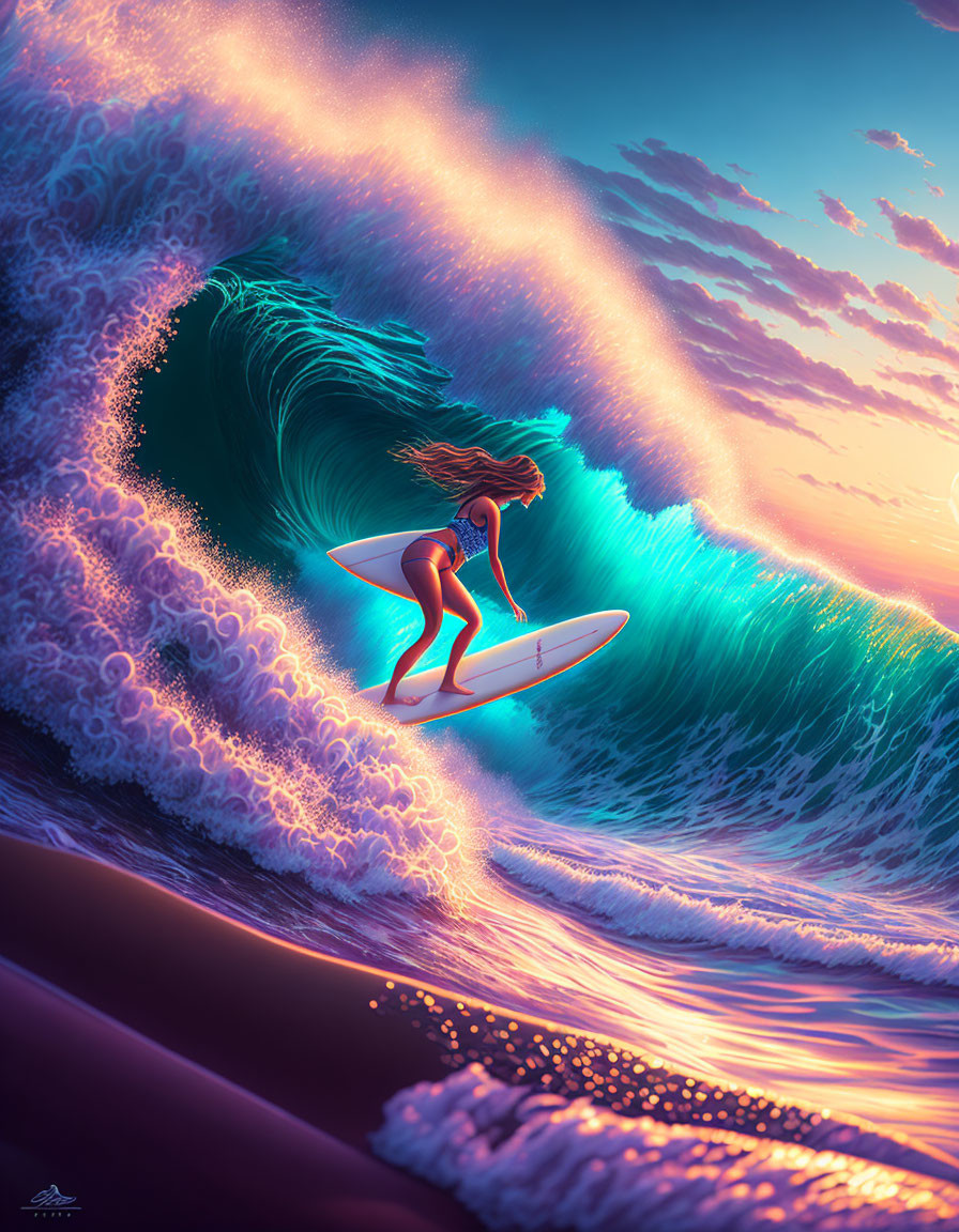 Vibrant blue and pink wave surfing at surreal sunset