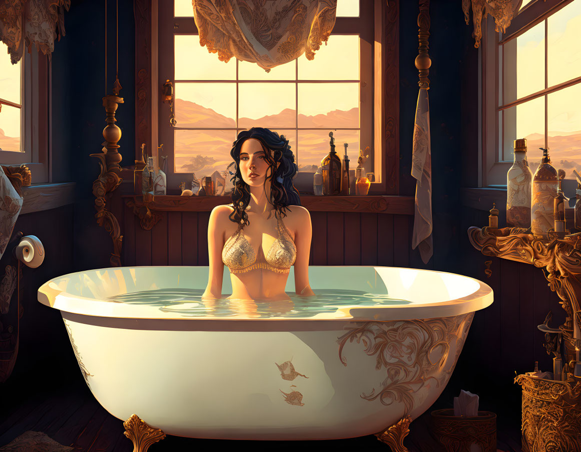 Woman relaxing in clawfoot bathtub by sunset landscape and opulent decor.