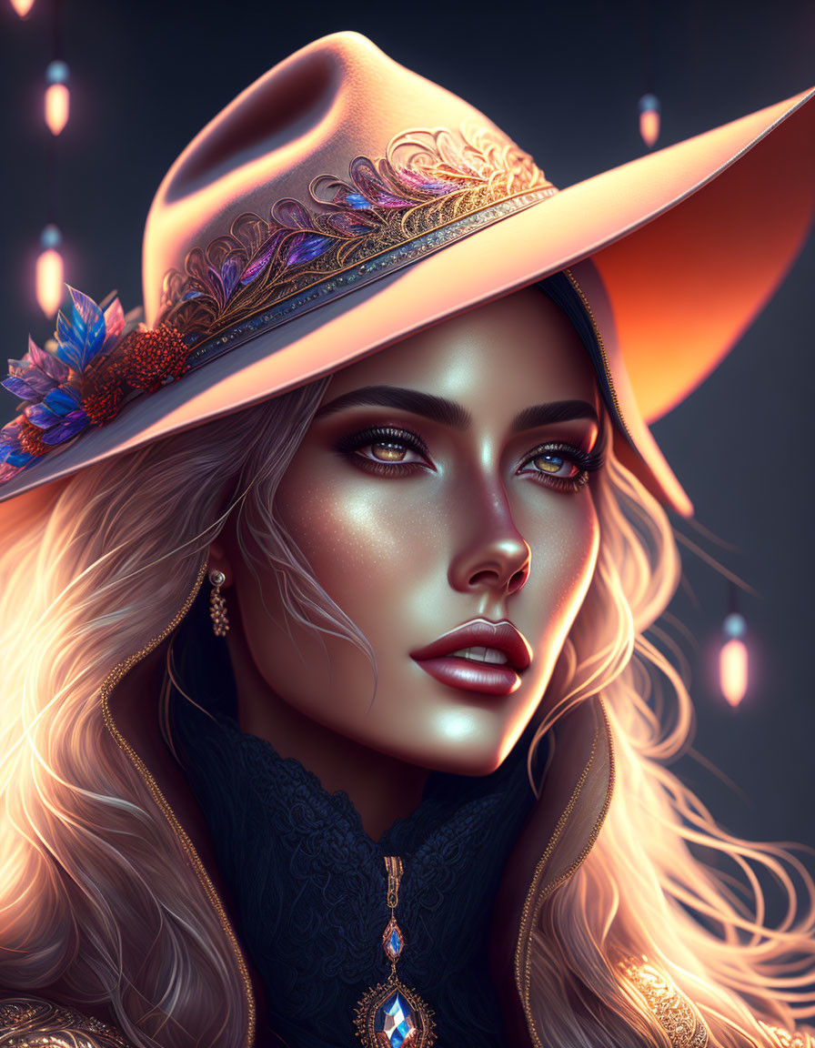 Illustrated portrait of woman with golden hair in ornate hat with blue feather on dark background.