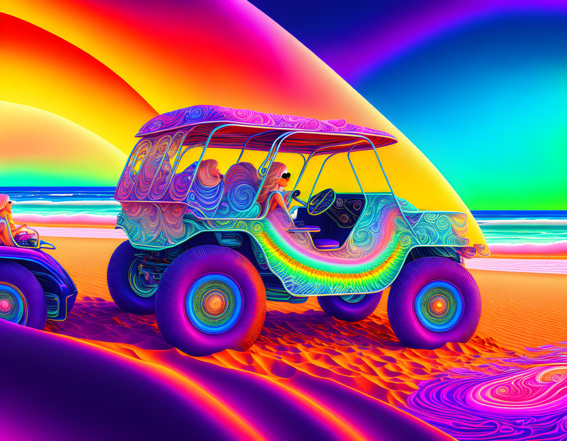 Colorful Psychedelic Beach Scene with Rainbow and Buggy