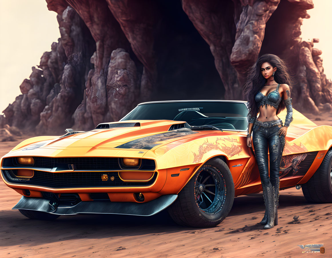 Fantasy warrior woman leaning on muscle car in desert canyon