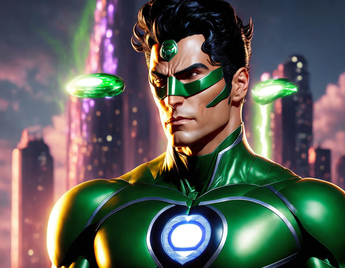 Superhero illustration in green and black suit with lantern emblem, glowing eyes, against cityscape at dusk