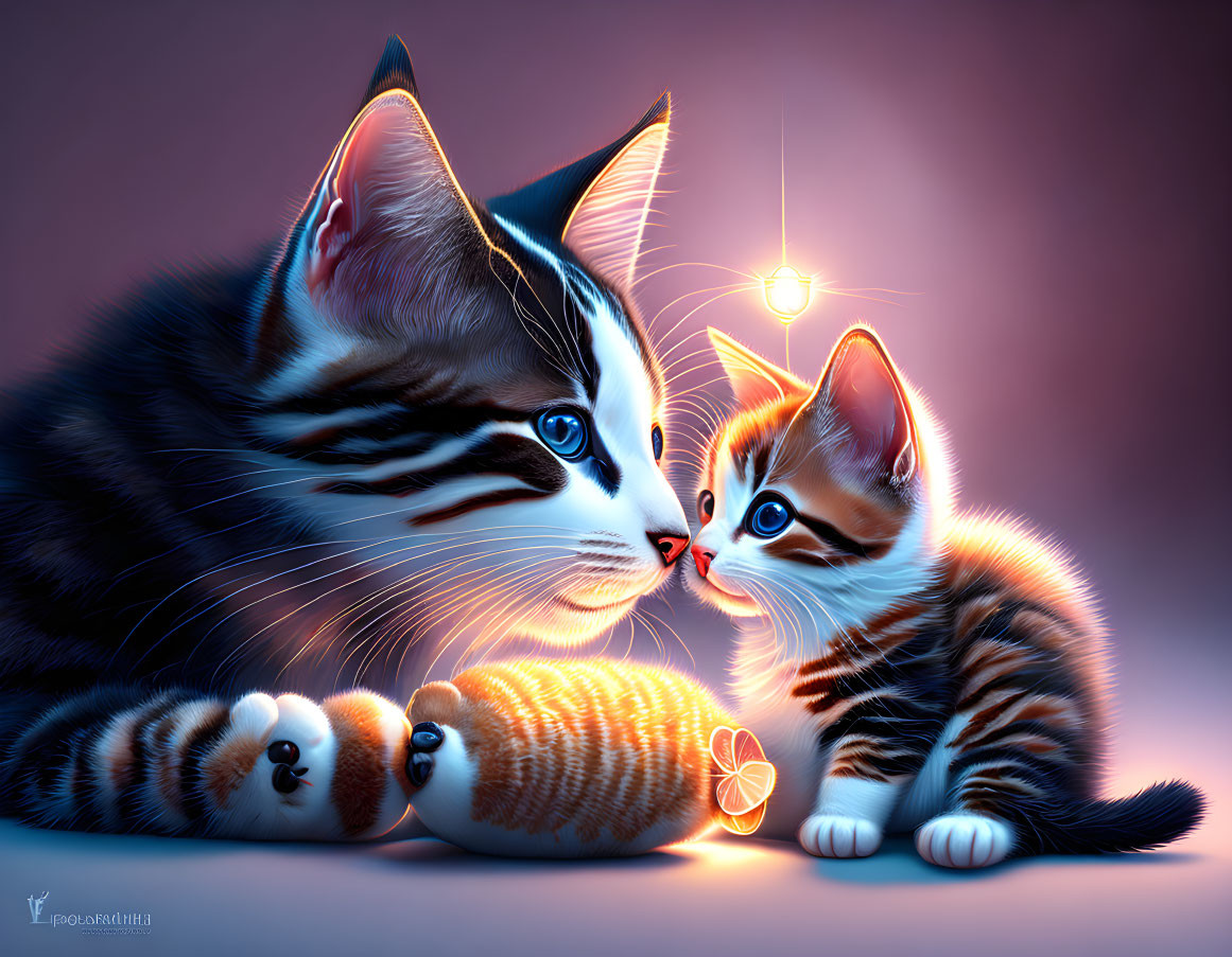 Animated kittens with blue eyes and glowing pendant on warm violet background