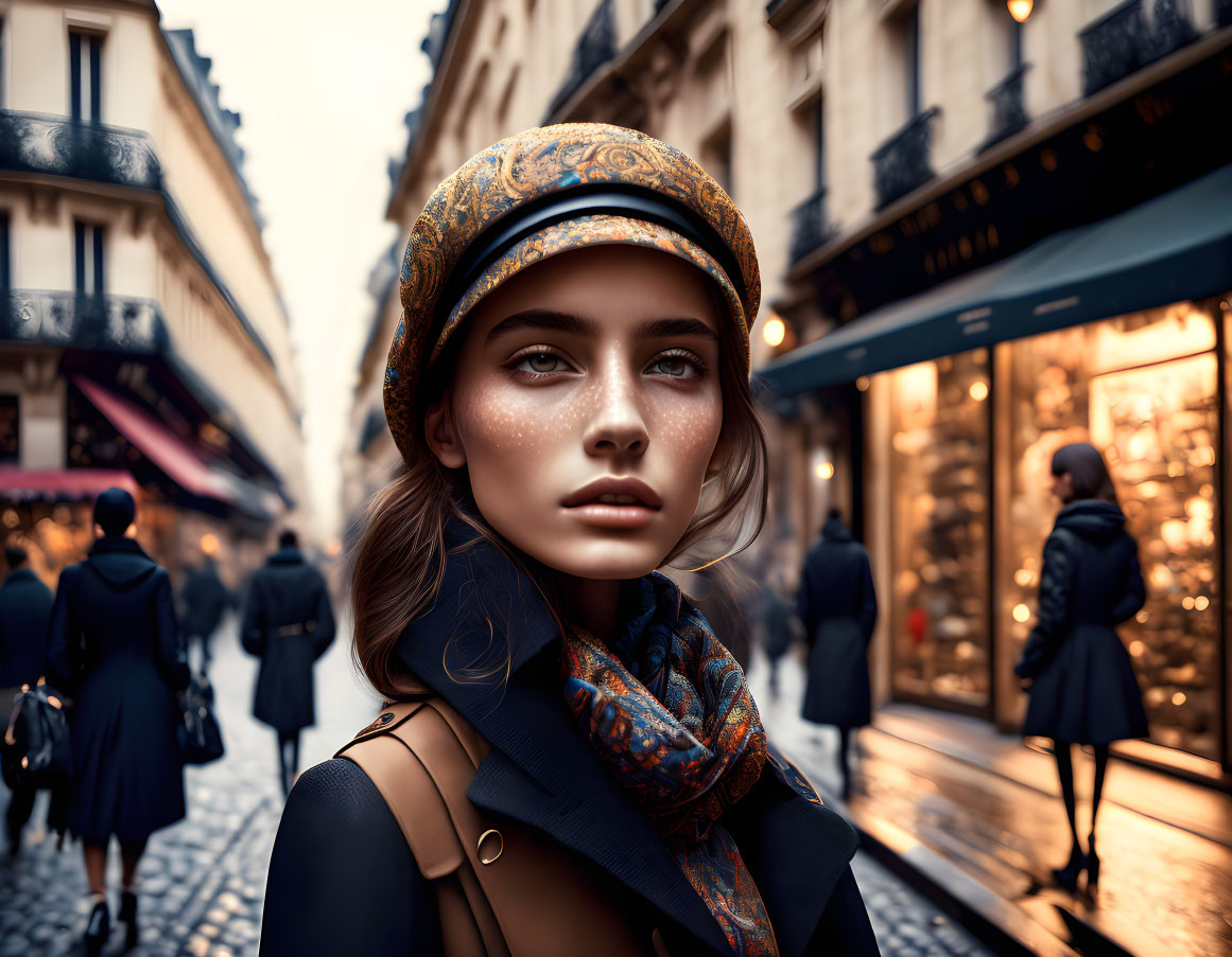 Stylish woman in hat and scarf on busy city street with shops and pedestrians