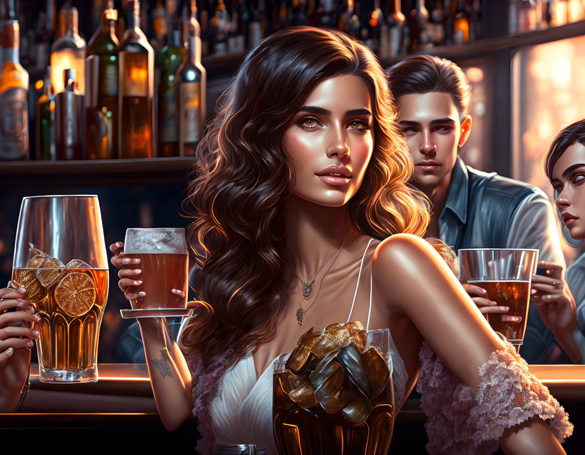 Illustration of woman with wavy hair at bar with drink and people in background