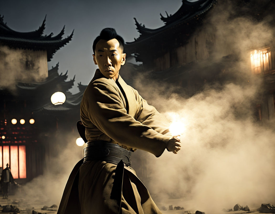 Traditional Asian Attire: Martial Arts Stance in Ancient Temple Courtyard