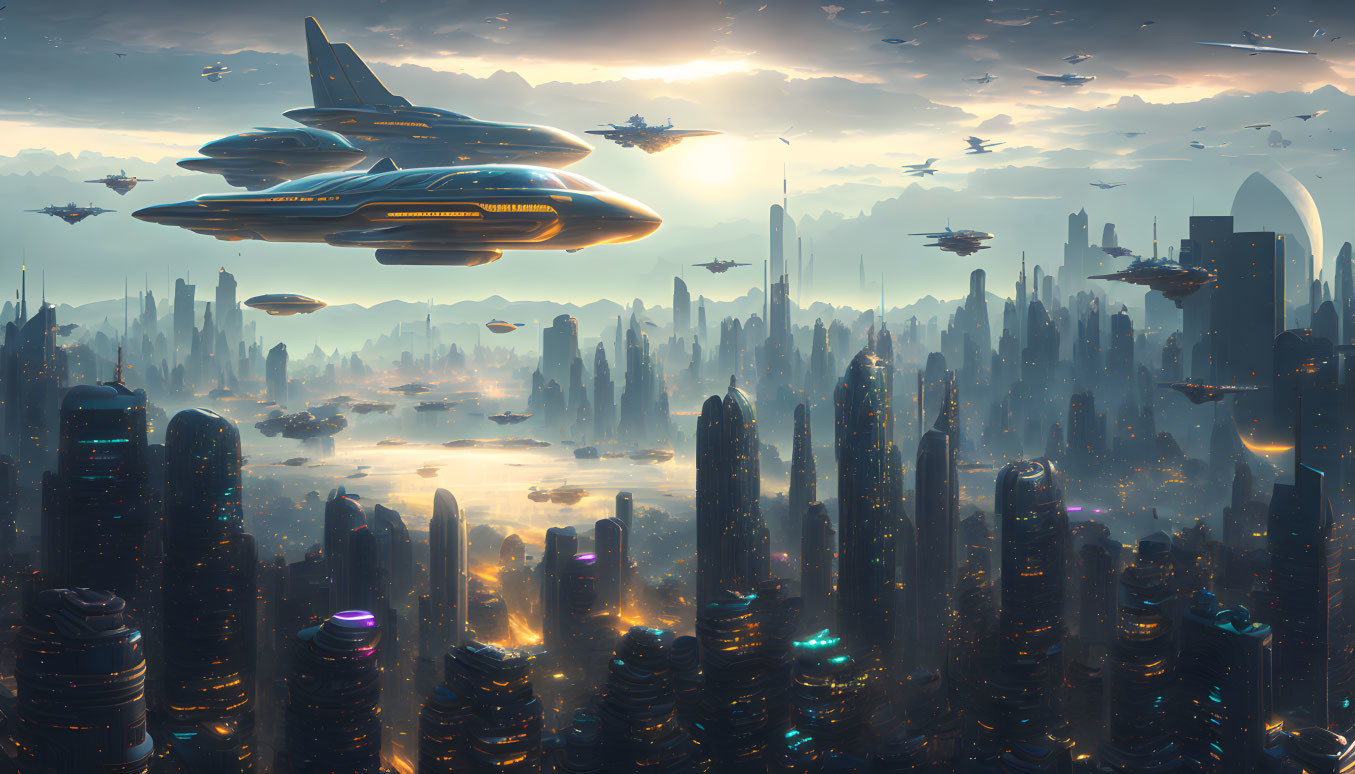 Futuristic cityscape at sunset with skyscrapers and flying vehicles