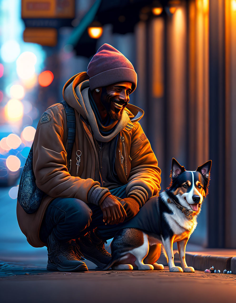 Smiling man in winter attire with Shiba Inu on city street at dusk