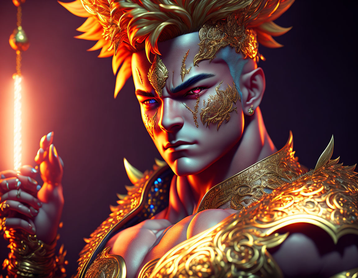 Golden-armored character with glowing red object on dark background