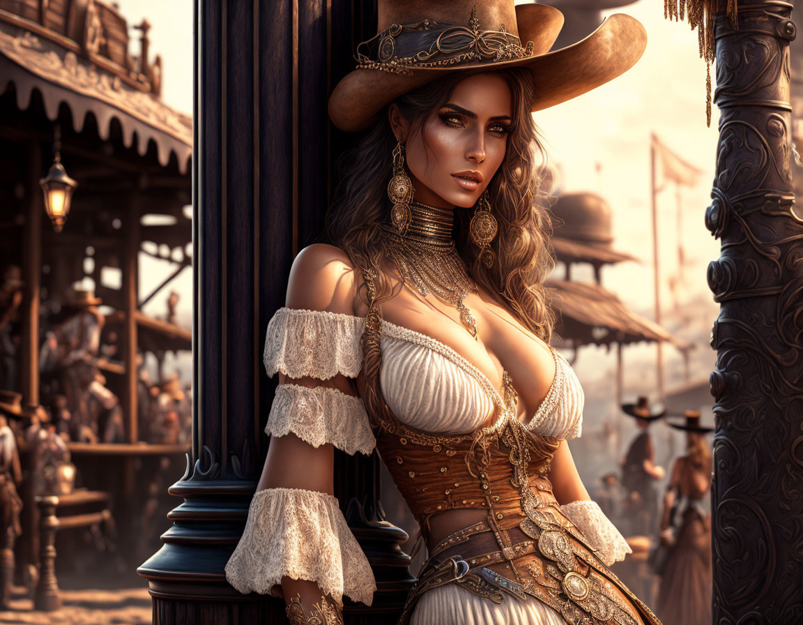 Detailed Steampunk Outfit with Corset and Cowboy Hat in Rustic Town