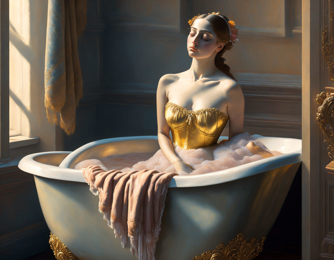 Woman in golden corseted gown sitting in sunlit bathtub with flower in hair.