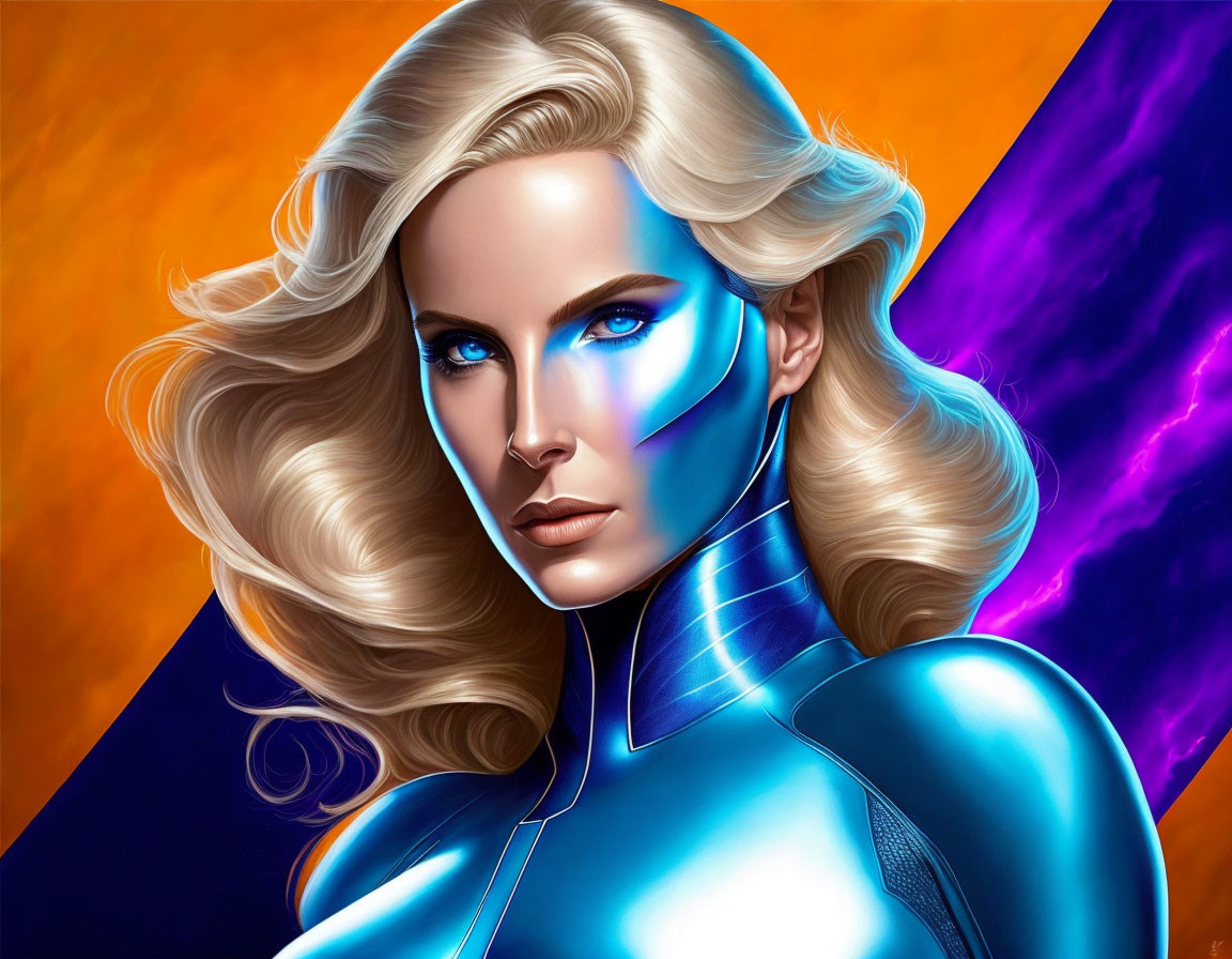 Blond-haired woman in futuristic suit on orange and purple backdrop