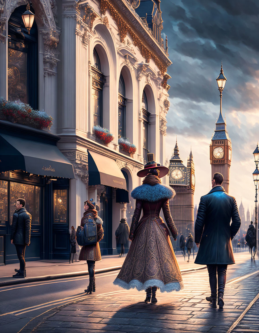 Victorian family walking near Big Ben at dusk