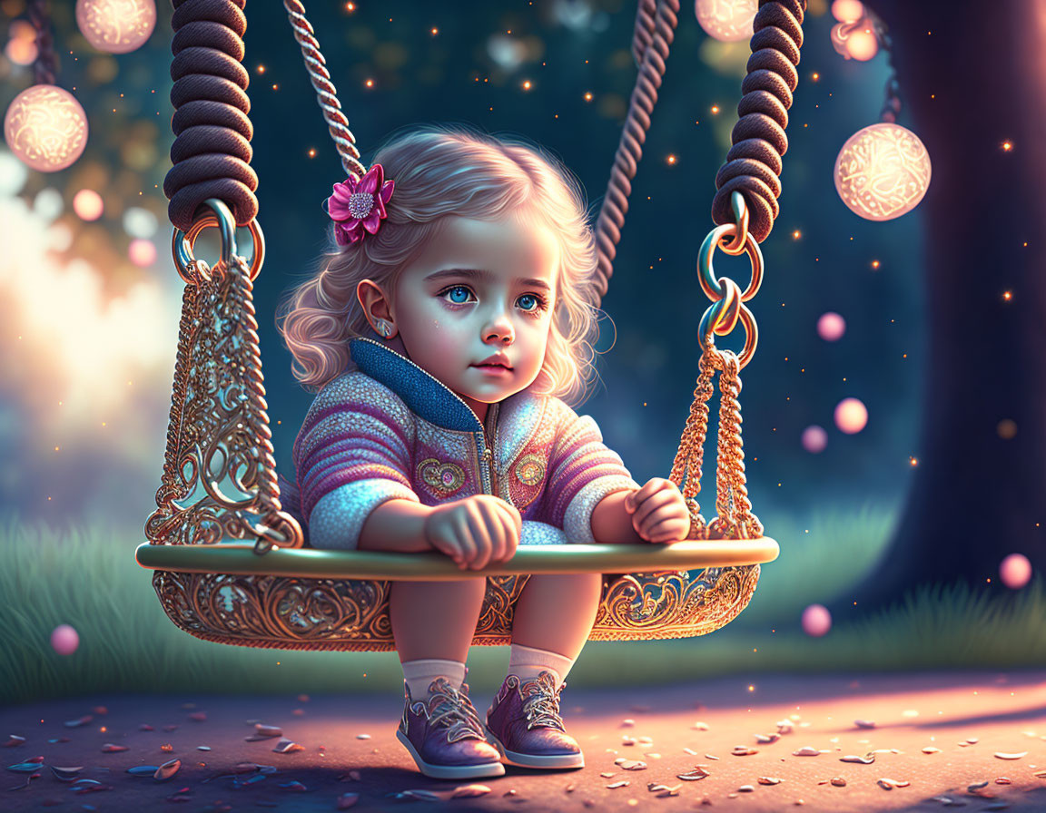 Digital artwork: Young girl on whimsical swing in magical twilight environment